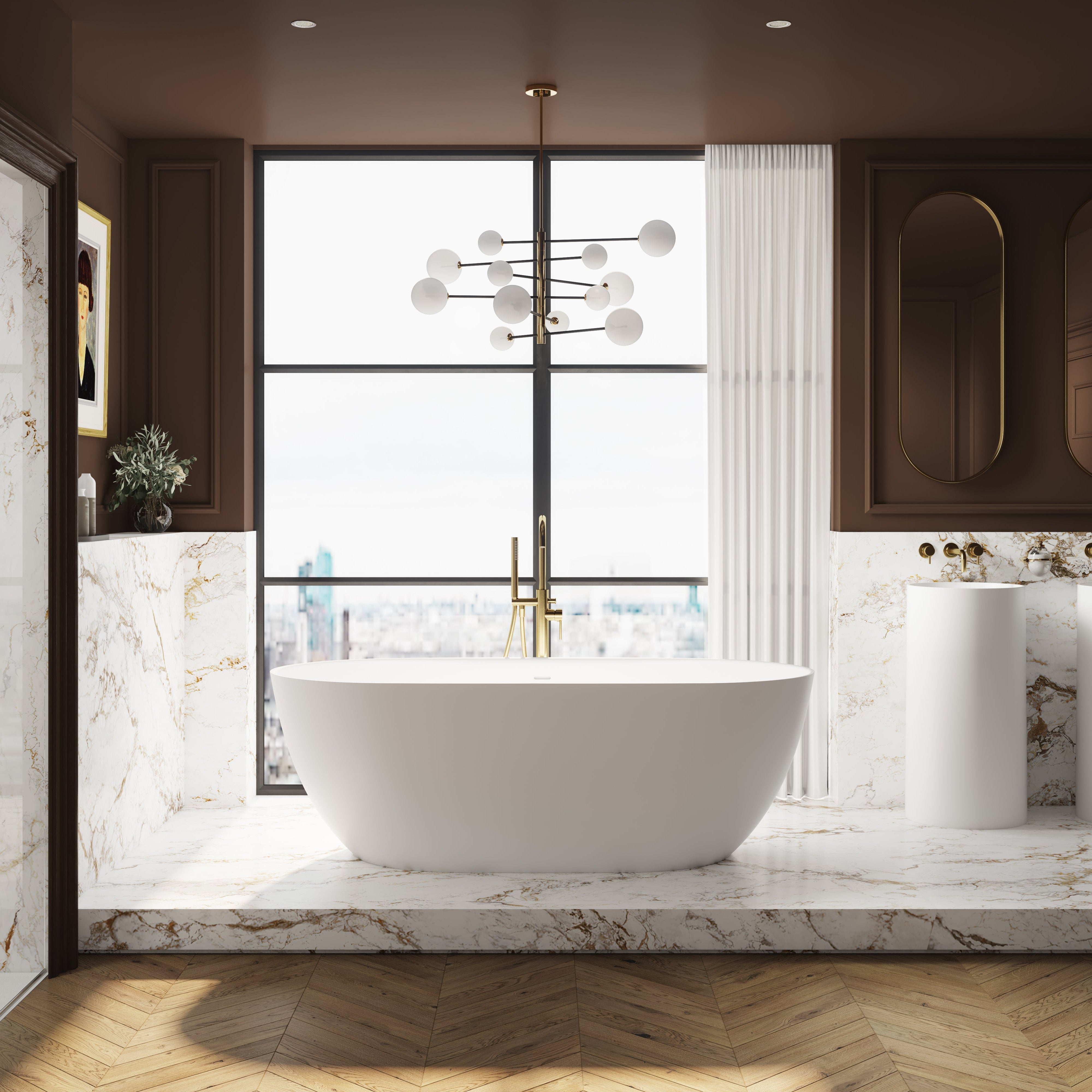 The Audsley 1800 freestanding stone bath in modern London hotel bathroom.