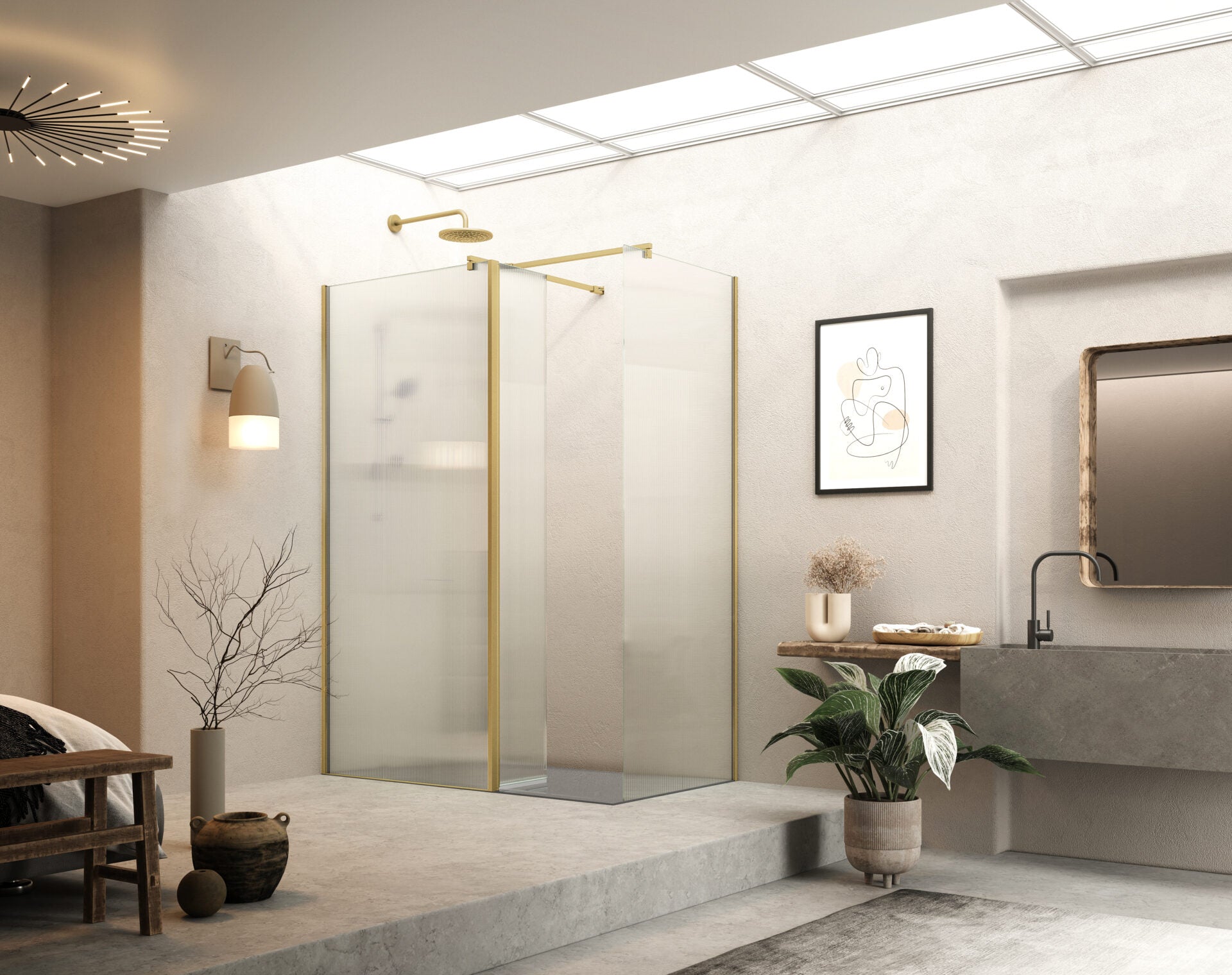 Moore Shower Screens with Deflector Panel and Bracing - Brushed Brass