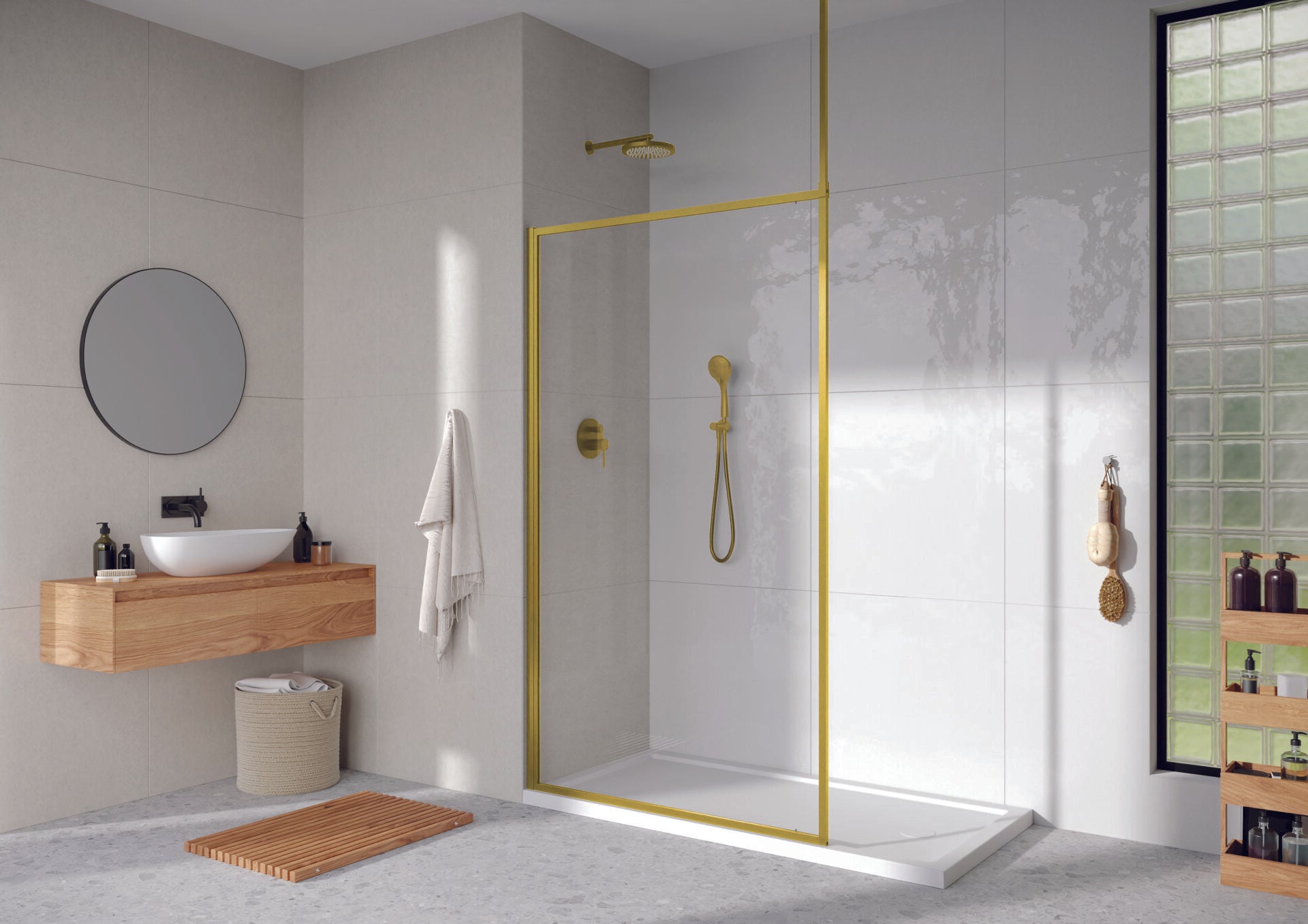 Quinn Shower Screen - Clear Glass - Brushed Brass + Ceiling Brace Bar