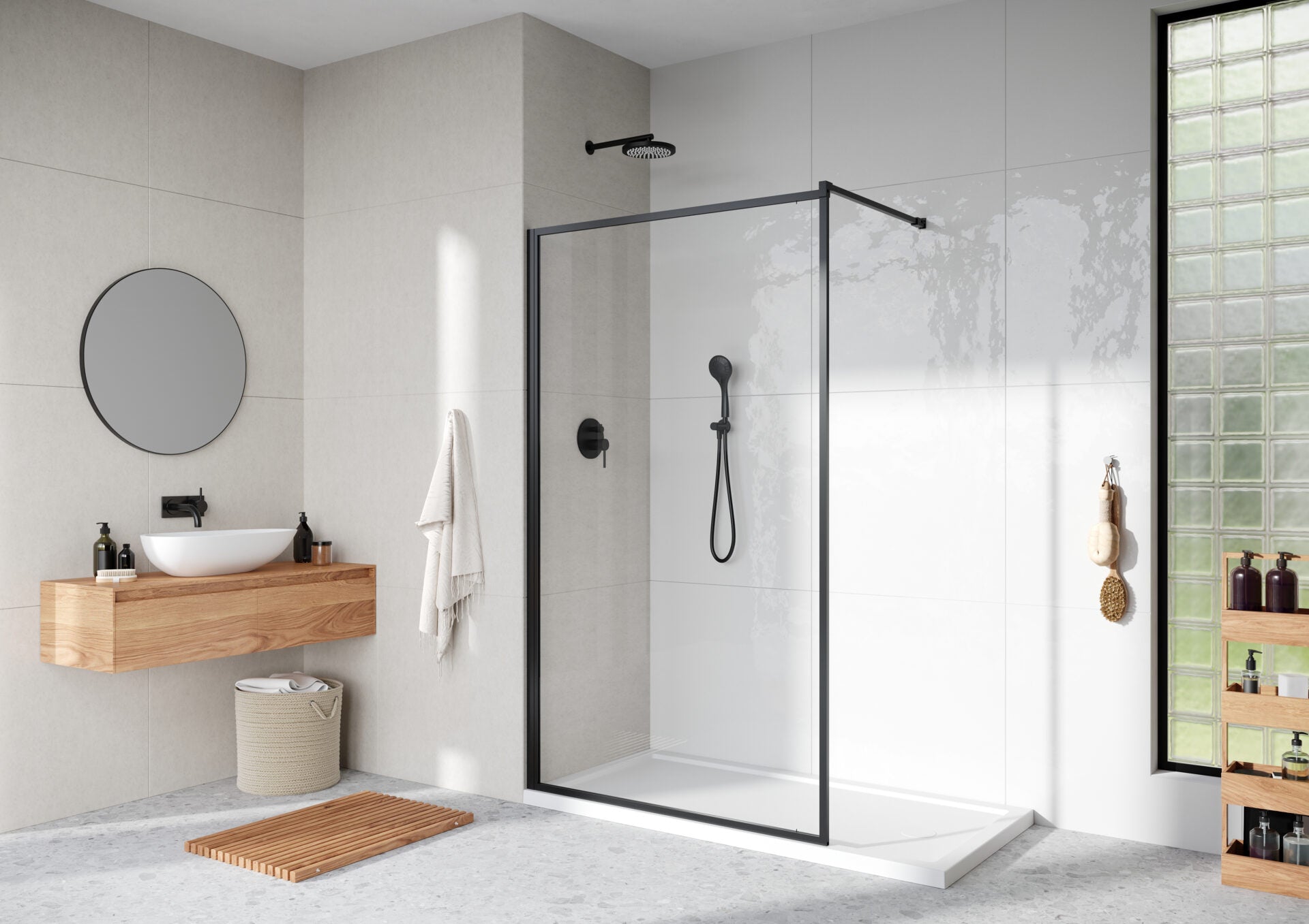 Quinn Shower Screen - Clear Glass - Matt Black + Back to Wall Brace Bar