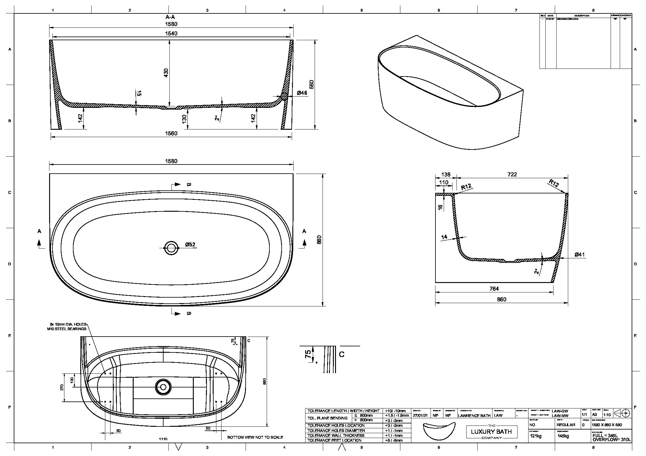 Lawrence Back to Wall Stone Freestanding Bath 1580 - Image 3