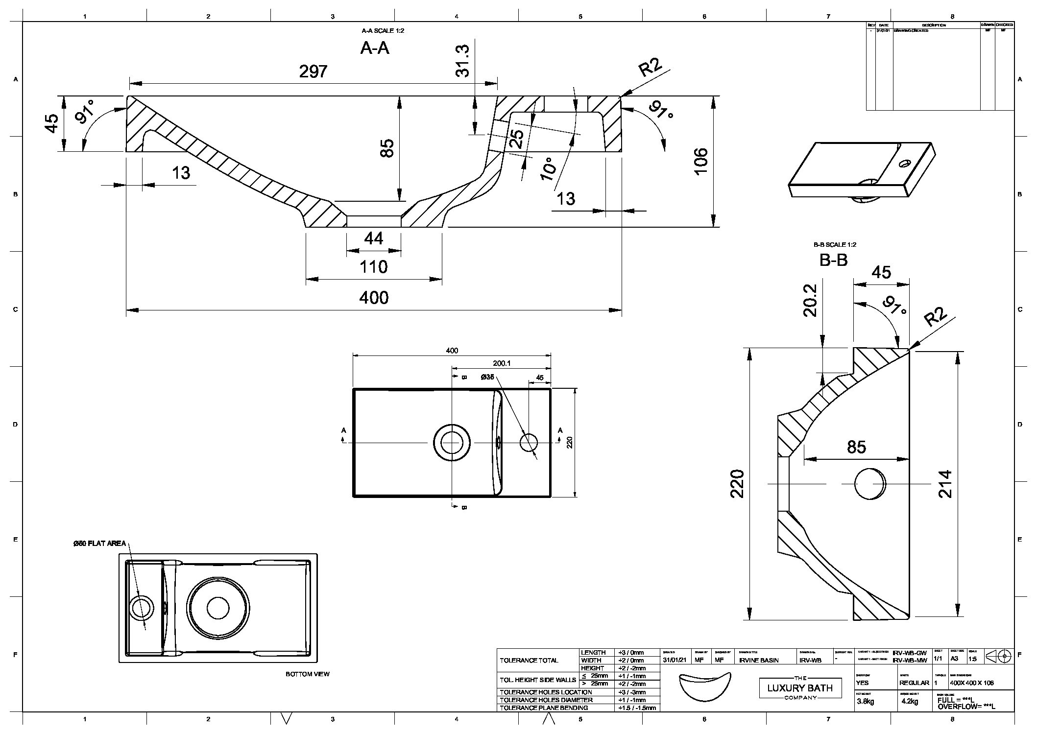 Irvine Stone Wall Hung Basin 400 - Image 3
